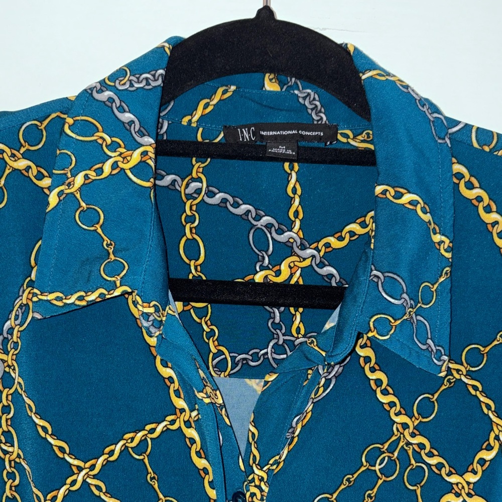 INC International Concepts Teal and Gold Chain Pattern Blouse - Picture 2 of 3
